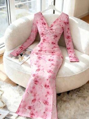 Pink Floral Rose Maxi Dress
